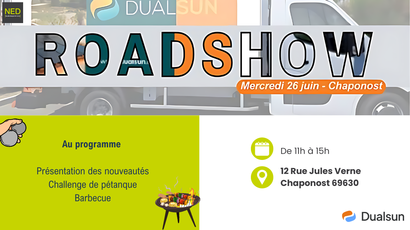 Ne manquez pas le passage du Roadshow Dualsun chez NED [Nouvelles Energies Distribution] !